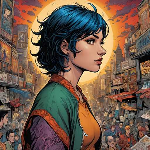 A stylish, blue-haired woman stands in profile amidst a bustling, vibrant city street scene. The artwork features a detailed, comic-book inspired style with bold lines and dynamic perspective, emphasizing the woman's confident presence against a crowded backdrop of shops and onlookers.