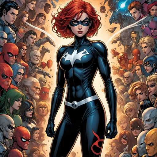 The image features a central, powerful Black Widow figure in a sleek black suit, surrounded by a diverse group of superheroes. The composition is dynamic, with the heroes densely packed and overlapping, creating a sense of unity and strength. The art style is detailed and comic book-inspired, emphasizing strong lines and vibrant colors.