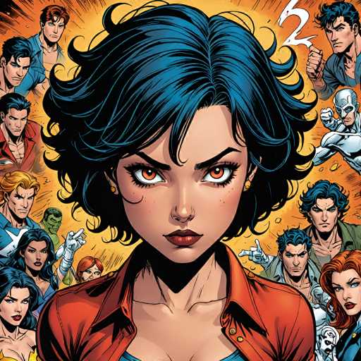 The image features a close-up of Bluebird, a superhero with striking blue hair and intense orange eyes, centrally positioned. She's surrounded by a dynamic group of other heroes in various poses, all rendered in a vibrant, comic-book style with bold lines and dynamic action. The composition emphasizes Bluebird's determined gaze, making her the focal point of this energetic gathering.