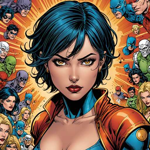 The image features a close-up portrait of a woman with blue hair, intense brown eyes, and red lipstick, centrally positioned. She's surrounded by a dynamic explosion of various superhero faces from different comic book universes, all radiating outwards. The art style is vibrant and detailed, with a focus on dynamic composition and bold color palettes.