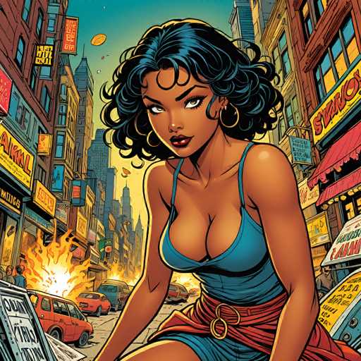 A stylish, dark-skinned woman with curly blue hair and gold hoop earrings dominates a vibrant, bustling city street scene. She's positioned in the foreground, looking directly at the viewer, while a chaotic explosion and crowded storefronts fill the background. The art style is comic book-inspired, with bold lines and dynamic action.