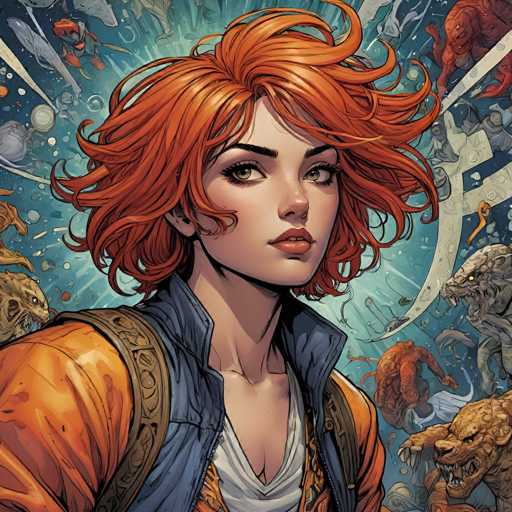 A close-up portrait of a woman with vibrant orange, curly hair and intense brown eyes dominates the frame. She wears a futuristic, textured jacket over a white shirt, surrounded by a chaotic explosion of alien creatures and technological debris in a vibrant, digital art style. The composition is dynamic, emphasizing the woman's determined gaze amidst the fantastical chaos.