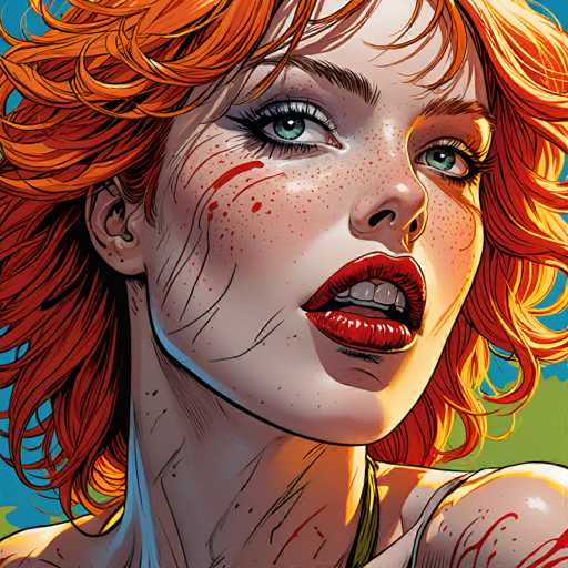 A close-up portrait showcases a woman with vibrant, fiery red hair and striking green eyes. Her face bears freckles and subtle scars, hinting at a rugged past. The art style is digital painting with a focus on detailed textures and dramatic lighting, emphasizing her intense gaze.