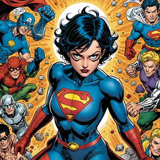 A dynamic, comic-book style illustration features Supergirl at the center, surrounded by a group of superheroes in action. They are posed with clenched fists and determined expressions, amidst swirling energy bursts and falling debris. The composition is energetic and dramatic, emphasizing a powerful, heroic confrontation.