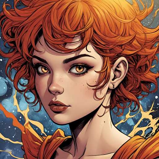 A close-up digital painting features a young woman with vibrant, curly orange hair and striking amber eyes. She has freckles and wears a warm orange garment with swirling, abstract golden accents. The background is a dark blue, speckled with glowing particles, creating a cosmic or fantastical atmosphere. The art style is detailed and painterly, emphasizing soft lighting and expressive features.
