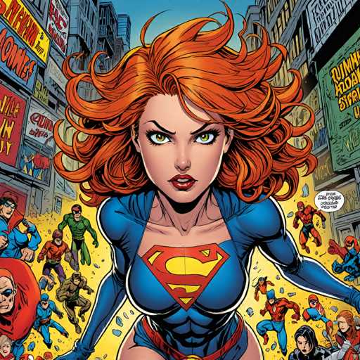 The image features Supergirl in a dynamic, close-up shot, surrounded by other superheroes and villains in a bustling city street. The art style is vibrant and comic book-inspired, with bold lines and dynamic action posing. Supergirl dominates the foreground, her fiery red hair flowing dramatically as she gazes intensely at the viewer.