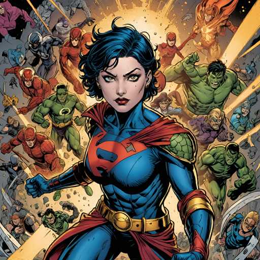 A powerful, blue-skinned woman in a Superman-inspired costume dominates the center of the image, surrounded by a diverse group of superheroes. The art style is dynamic and comic book-inspired, with bold lines and a focus on action. The composition emphasizes a sense of unity and strength within the superhero team, with many figures positioned in motion.