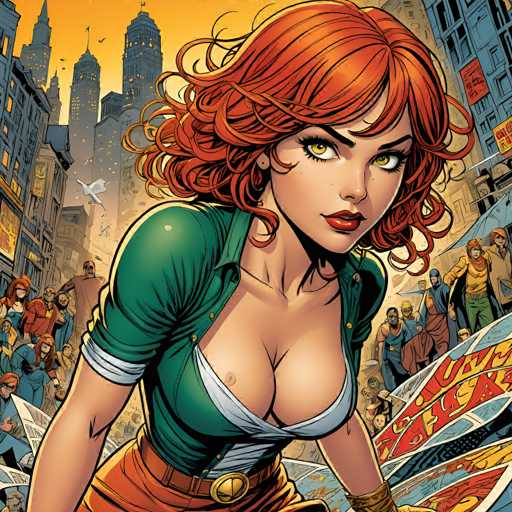 A determined, red-haired woman in a green shirt and orange pants dominates the foreground of this vibrant comic book illustration. She's surrounded by a bustling crowd, holding a newspaper with a bold headline. The art style is dynamic and detailed, emphasizing action and energy with strong lines and bright colors.