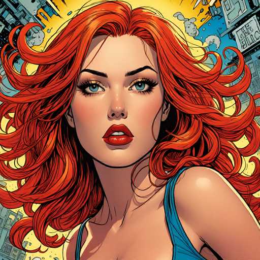 A vibrant, digitally-illustrated portrait of a woman with flowing, fiery red hair and striking blue eyes dominates the frame. She's positioned centrally, looking directly at the viewer with a confident gaze. The background features a dynamic cityscape bursting with stylized buildings and energetic bursts of light, characteristic of a comic book or graphic novel art style.