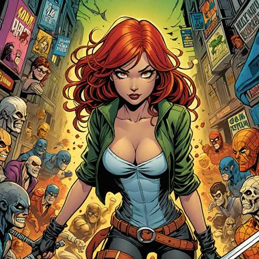 A determined red-haired woman, likely a superhero, stands center-framed amidst a chaotic cityscape of villains. She's surrounded by numerous menacing figures, all in various states of monstrous transformation, creating a dynamic and intense scene. The art style is comic book-inspired, with bold lines and vibrant colors emphasizing the action and dramatic atmosphere.