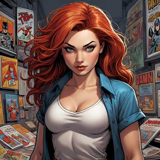 A woman with vibrant red, curly hair and striking blue eyes dominates the frame, positioned centrally amidst a cluttered comic book store. She wears a white t-shirt and a blue denim shirt, looking directly at the viewer with a confident gaze. The background is filled with stacks of comic books and framed comic book panels, creating a cozy, slightly chaotic atmosphere. The art style is detailed and painterly, reminiscent of comic book illustrations with a focus on dynamic lighting.