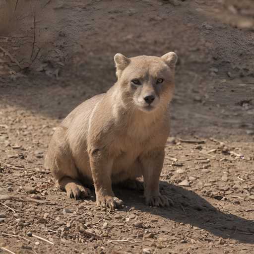 A solitary, light-colored Asiatic wolf sits calmly on a dusty ground, its gaze directed towards the viewer. The background is blurred, emphasizing the wolf as the central focus. The lighting casts a soft shadow beneath it, highlighting its posture and creating a serene, naturalistic scene. The art style is realistic, capturing the animal's detailed fur and focused expression.