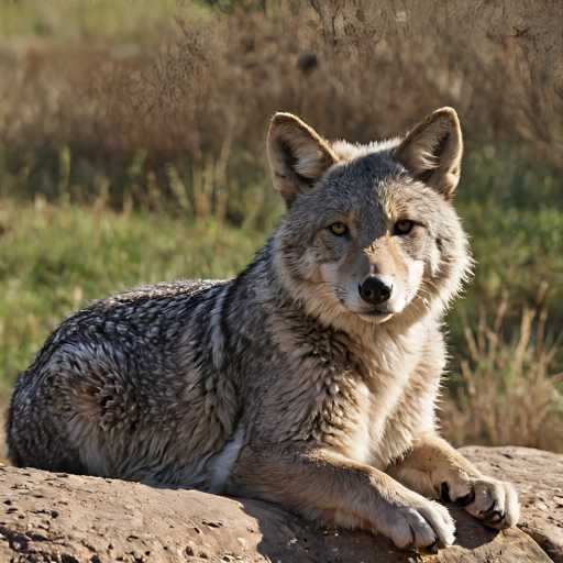A gray wolf rests comfortably on a textured rock, its gaze directed towards the viewer. The wolf's thick, mottled fur contrasts with the soft, blurred background of grass and foliage, creating a naturalistic portrait. The lighting highlights the wolf's focused expression and the texture of its coat, presenting a serene wildlife scene.