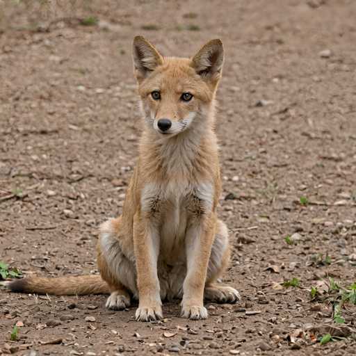 A young fox sits attentively in the center of a dirt-covered ground, its soft, sandy-colored fur contrasting with the muted earth tones. The fox's gaze is directed towards the viewer, creating a direct and engaging portrait. The background is blurred, drawing focus to the adorable creature's gentle expression.