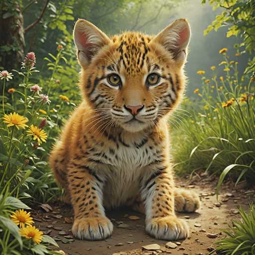 A charming, fluffy ocelot cub with striking orange and black spotted fur sits attentively on a dirt path amidst lush green foliage. The soft focus background suggests a sun-dappled forest, emphasizing the cub's adorable presence. The art style is realistic and detailed, capturing the texture of the fur and the delicate details of the cub's face.