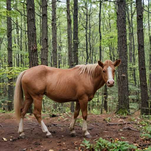 A light brown horse with a white face and mane stands in a sun-dappled forest clearing. The horse is positioned centrally, facing the viewer with a gentle gaze, while tall, slender trees form a blurred backdrop. The scene is captured in a naturalistic, slightly soft focus style, emphasizing the horse's calm presence within the woodland environment.