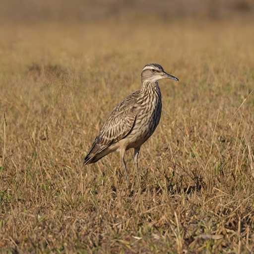 A solitary, medium-sized bird with mottled brown and buff plumage stands alert in a dry, grassy field. The bird is positioned centrally, facing slightly to the right, with its long, slender legs and pointed beak clearly visible. The background is softly blurred, emphasizing the bird as the focal point in a natural, realistic style.