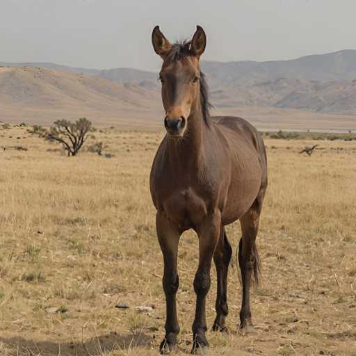 A lone, chestnut horse stands in a dry, open grassland, facing the viewer. The background features rolling, hazy mountains under a pale sky. The horse is positioned centrally, with its body filling most of the frame, creating a sense of solitude and vastness. The image has a naturalistic, slightly muted color palette.