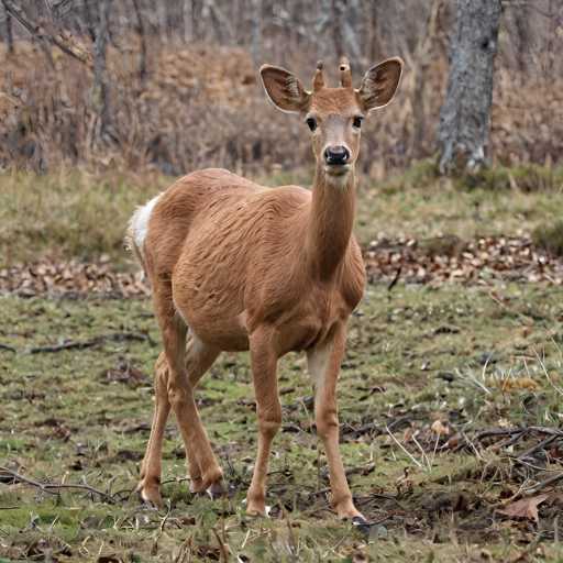 A young, reddish-brown deer stands alert in a natural setting of fallen leaves and sparse vegetation. The deer is positioned centrally, facing the viewer with large, expressive eyes. The background features blurred trees and a soft focus, emphasizing the deer as the focal point of this naturalistic, slightly shallow depth-of-field photograph.