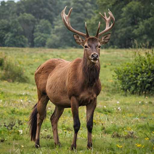 A majestic red deer stag stands proudly in a lush, green field, its impressive antlers framing a focused gaze. The warm brown of the deer contrasts with the soft, blurred background of trees and wildflowers, creating a serene, natural portrait. The lighting is soft, highlighting the deer's muscular form and gentle expression.