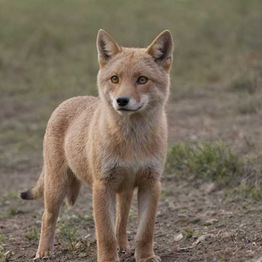 A young, reddish-brown fox stands alert in a natural setting, its gaze directed towards the viewer. The soft focus background emphasizes the fox's presence in a slightly blurred, earthy environment. The image has a naturalistic, wildlife photography style, capturing the animal's gentle demeanor and focused expression.