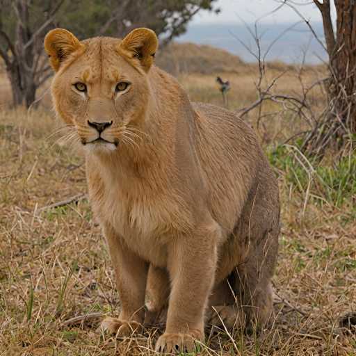 A majestic lioness sits attentively in a dry, grassy savanna, her golden fur contrasting with the muted browns of the environment. The lioness is centrally positioned, facing forward with a direct gaze. A single bird is visible in the background, adding depth to the scene. The image has a naturalistic, wildlife photography style, capturing a moment of calm and alertness in the African landscape.