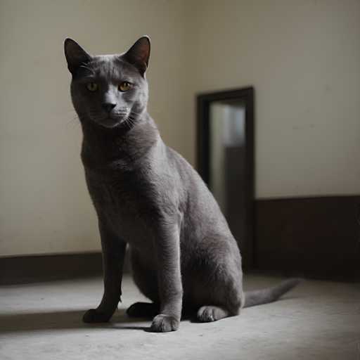 A sleek, grey cat with striking yellow eyes sits attentively in a dimly lit room. The cat is the central focus, positioned centrally and facing directly towards the viewer. A dark doorway is visible in the background, adding depth to the simple, minimalist setting. The lighting creates a soft, slightly moody atmosphere.