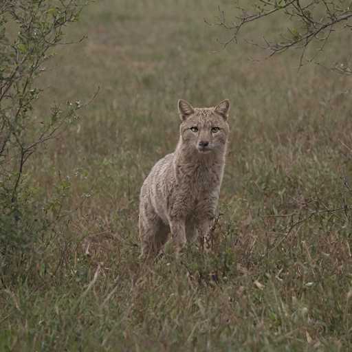 A solitary, tawny-colored lynx stands alert amidst tall, dry grasses in a muted, naturalistic style. The cat is centrally positioned, facing the viewer with intense golden eyes, while the background softly blurs the surrounding vegetation. The overall aesthetic is serene and emphasizes the animal's presence within its environment.