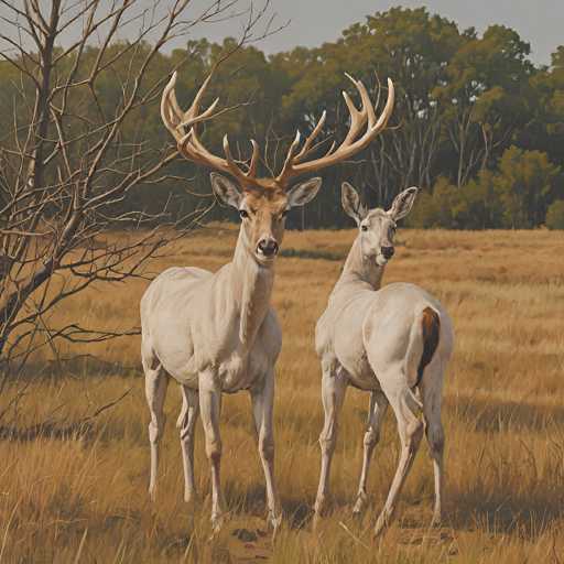 Two pale deer stand in a sun-drenched, golden field, their large antlers framing the scene. The background features muted green trees under a soft sky, creating a serene, painterly atmosphere with visible brushstrokes. The focus is on the deer's gentle presence and the warm, natural light.