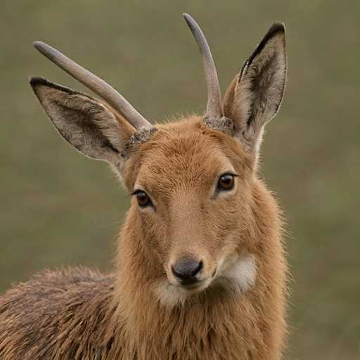 A close-up portrait showcases a beautiful Sambar Deer, its soft, brown fur and large, expressive eyes dominating the frame. The deer's head is centrally positioned, with its long, curved antlers subtly visible. The background is a blurred, muted green, emphasizing the animal's focus and creating a soft, naturalistic art style.