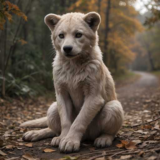 A fluffy, light-colored wolf cub sits attentively on a leaf-covered forest floor. The soft focus background suggests a blurred, autumnal woodland scene with warm, muted tones. The cub is positioned centrally, its gaze directed slightly to the left, creating a gentle and intimate portrait. The art style is realistic, emphasizing texture and soft lighting.