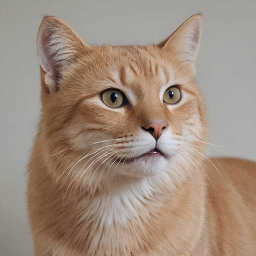 A close-up portrait showcases an orange tabby cat with striking golden eyes, its face softly illuminated against a plain, light gray backdrop. The cat's fluffy fur and delicate whiskers draw attention to its alert expression. The focus is entirely on the feline, creating a simple yet intimate composition.