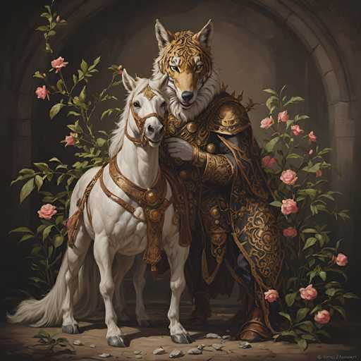 A majestic, anthropomorphic figure with a tiger's head and human body stands with a white horse, both adorned in ornate golden armor. They are surrounded by lush pink roses and a dark, arched doorway, creating a fantastical, intimate scene with a detailed, painterly art style.