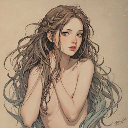 A captivating digital painting depicts a young, fair-skinned woman with long, flowing brown hair and gentle green eyes. She's bare-chested, her arms crossed, with delicate details in the hair and subtle shading creating a soft, ethereal quality. The style is reminiscent of digital illustration with a focus on delicate linework and muted tones, emphasizing a serene, almost dreamlike atmosphere.