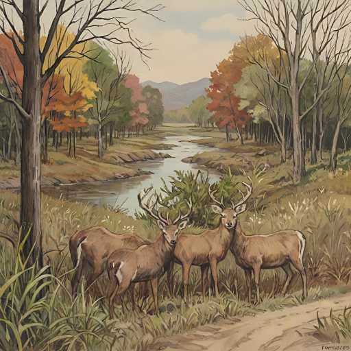 A serene painting depicts three deer standing in a grassy meadow beside a flowing river, surrounded by autumn-colored trees. The scene is rendered with soft, muted tones and a slightly impressionistic style, emphasizing the peaceful natural setting. The deer are centrally positioned, drawing the viewer's eye to their gentle presence in the landscape.