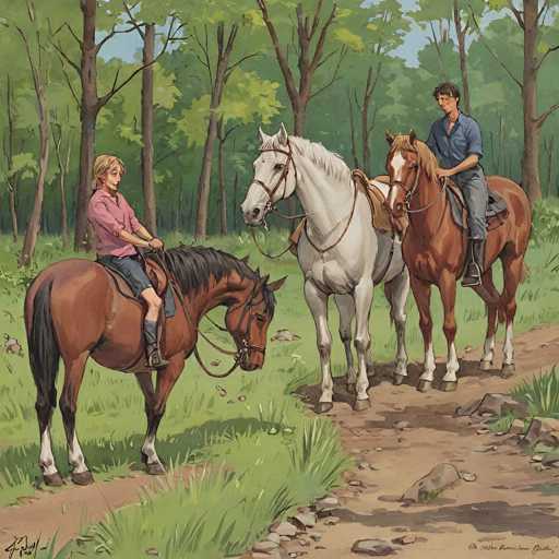 A serene painting depicts two people riding horses along a dirt path in a lush, wooded area. The style is realistic, with attention to detail in the horses' coats and the foliage. One person rides a brown horse while the other on a white horse, both engaged in a calm interaction. The scene evokes a peaceful outdoor moment.