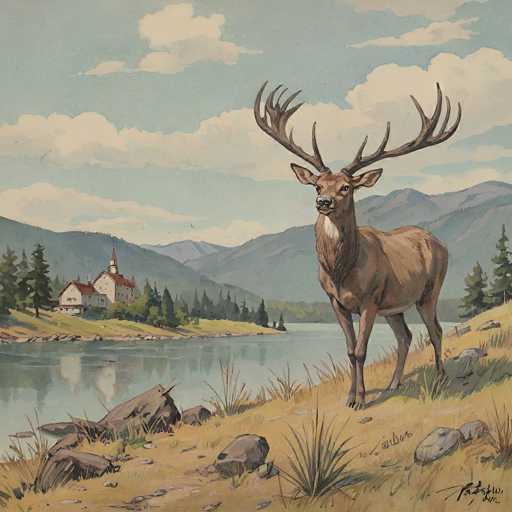 A majestic stag stands proudly in a serene landscape, gazing towards the viewer. The painting showcases a detailed, realistic style with soft brushstrokes and muted colors, emphasizing the natural beauty of the scene. A quaint lakeside village nestles in the distance, while rolling mountains frame the tranquil water.