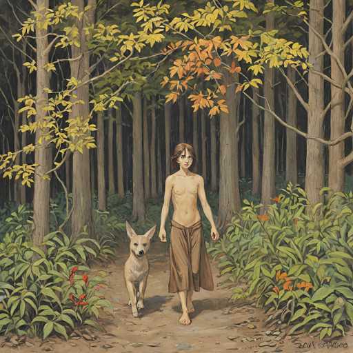 A barefoot, young, nude figure walks hand-in-hand with a dog through a sun-dappled forest path. Tall, slender trees create a dense backdrop with vibrant foliage in warm tones. The art style is realistic, emphasizing natural light and shadow to evoke a serene, slightly melancholic atmosphere.