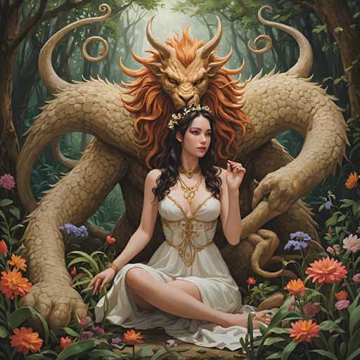 A serene fantasy scene depicts a woman in a white gown seated comfortably with a large, golden-scaled dragon. The art style is detailed and painterly, emphasizing soft lighting and a mystical forest setting with vibrant flowers. The woman sits nestled against the dragon's massive form, creating a harmonious and intimate spatial relationship between them.
