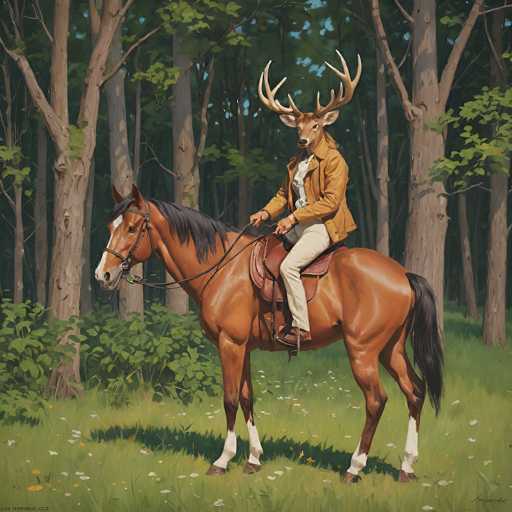 A man with a deer head is riding a brown horse through a sun-dappled forest. The scene is rendered in a realistic, slightly whimsical style with soft lighting and detailed textures. The man's deer head is the focal point, creating a surreal juxtaposition with the traditional equestrian setting.