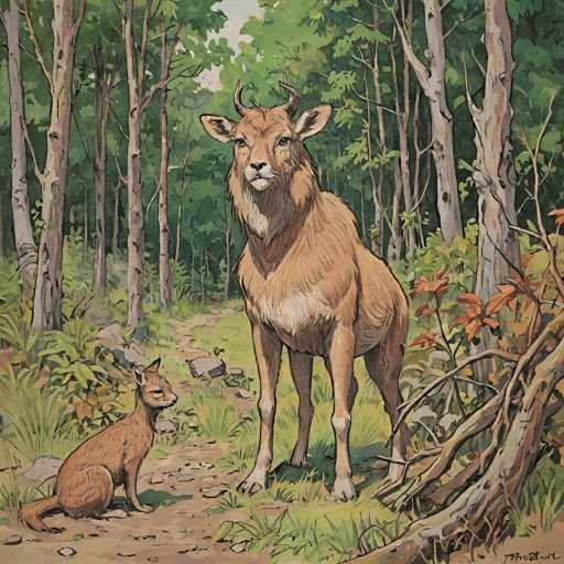 A majestic, reddish-brown deer stands alert in a sun-dappled forest clearing, facing a smaller fox. The art style is detailed and realistic, with soft brushstrokes capturing the texture of fur and foliage. The deer dominates the frame, while the fox sits attentively at its feet, creating a peaceful, intimate encounter in the woodland.