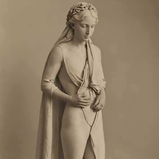 This is a pale, monochromatic marble sculpture of a draped female figure, likely depicting a classical or allegorical subject. She stands in profile, her hands gently clasped at the waist, wearing a draped garment and a wreath of flowers. The style is smooth and idealized, characteristic of Neoclassical or Romantic sculpture, emphasizing graceful form and serene emotion.