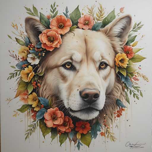This is a portrait painting of a golden husky dog adorned with a vibrant floral wreath. The dog's head is centrally positioned, gazing directly at the viewer. Lush flowers and leaves frame its face, creating a soft, detailed, and slightly whimsical aesthetic with a focus on delicate brushstrokes.