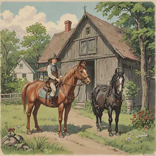 A young cowboy on a chestnut horse stands beside a black horse in front of a rustic wooden barn. The scene is rendered in a traditional illustrative style with soft, slightly muted colors and detailed textures, emphasizing a peaceful, pastoral setting.