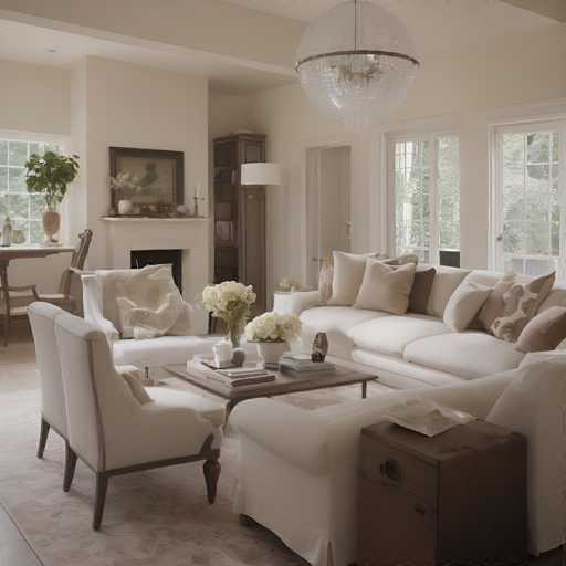 This bright, serene living room features a large, white sectional sofa adorned with plush pillows and a coffee table. A fireplace anchors the space, flanked by armchairs. Natural light floods in through large windows. The style is traditional and elegant, emphasizing soft textures and a neutral color palette.