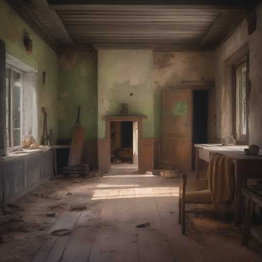 The image depicts a dimly lit, abandoned room with a rustic, aged aesthetic. Dust-covered furniture and debris litter the space, illuminated by sunlight streaming through a window. The spatial relationship emphasizes emptiness and decay, with objects scattered and a sense of forgotten history. The art style is reminiscent of a vintage photograph or a digitally rendered scene with a muted, slightly desaturated color palette.