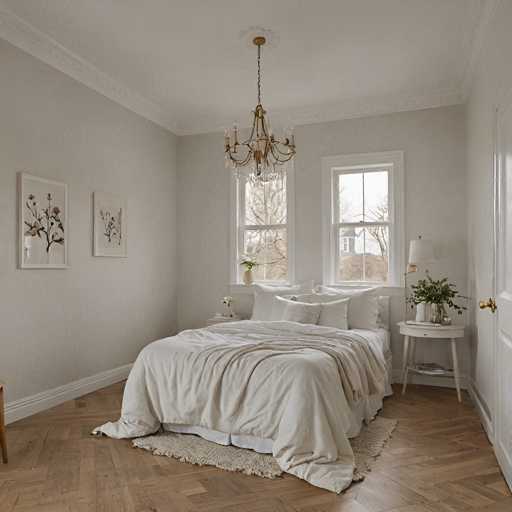 The image depicts a cozy, sunlit bedroom with a low-profile bed draped in soft, cream linen. Two framed botanical prints adorn the wall above the bed, complemented by a delicate brass chandelier. A small white side table holds a lamp and greenery, adding a touch of nature to the serene space. The overall style is minimalist yet warm, with a focus on natural textures and soft lighting.
