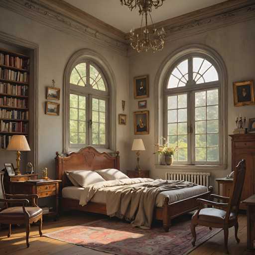 This is a cozy, sun-drenched bedroom with a classic, antique feel. A wooden bed dominates the center, flanked by a nightstand and armchair. Arched windows flood the room with natural light, highlighting a warm, slightly muted color palette and detailed, traditional artwork. The overall style is realistic and evocative of a historical interior.