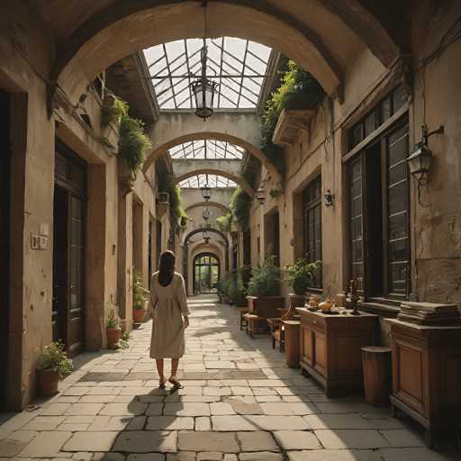 A woman in a light robe walks down a long, sun-drenched courtyard with arched walkways and potted plants. The scene evokes a serene, historical atmosphere with warm, soft lighting and a focus on architectural detail. The art style is reminiscent of a vintage photograph with a slightly muted color palette, emphasizing depth and perspective.