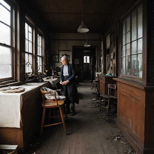 A lone, elderly woman in a dark coat stands in a dimly lit, cluttered workshop. She's examining a piece of work on a table, surrounded by tools and partially finished projects. The space is rustic and filled with shadows, suggesting a historical or forgotten setting. The art style leans towards documentary photography, emphasizing the quiet solitude and intimate details of the scene.